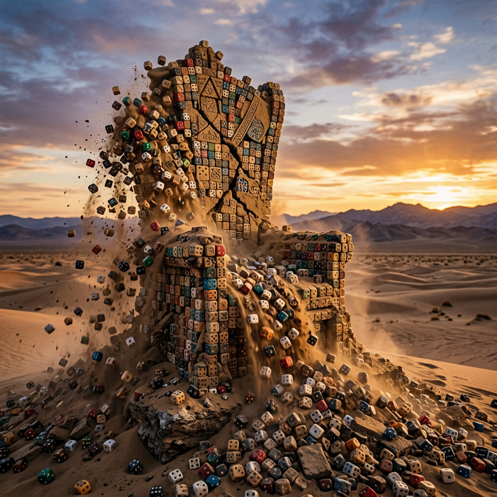A throne crumbling into scattering colorful dice pieces in a desert