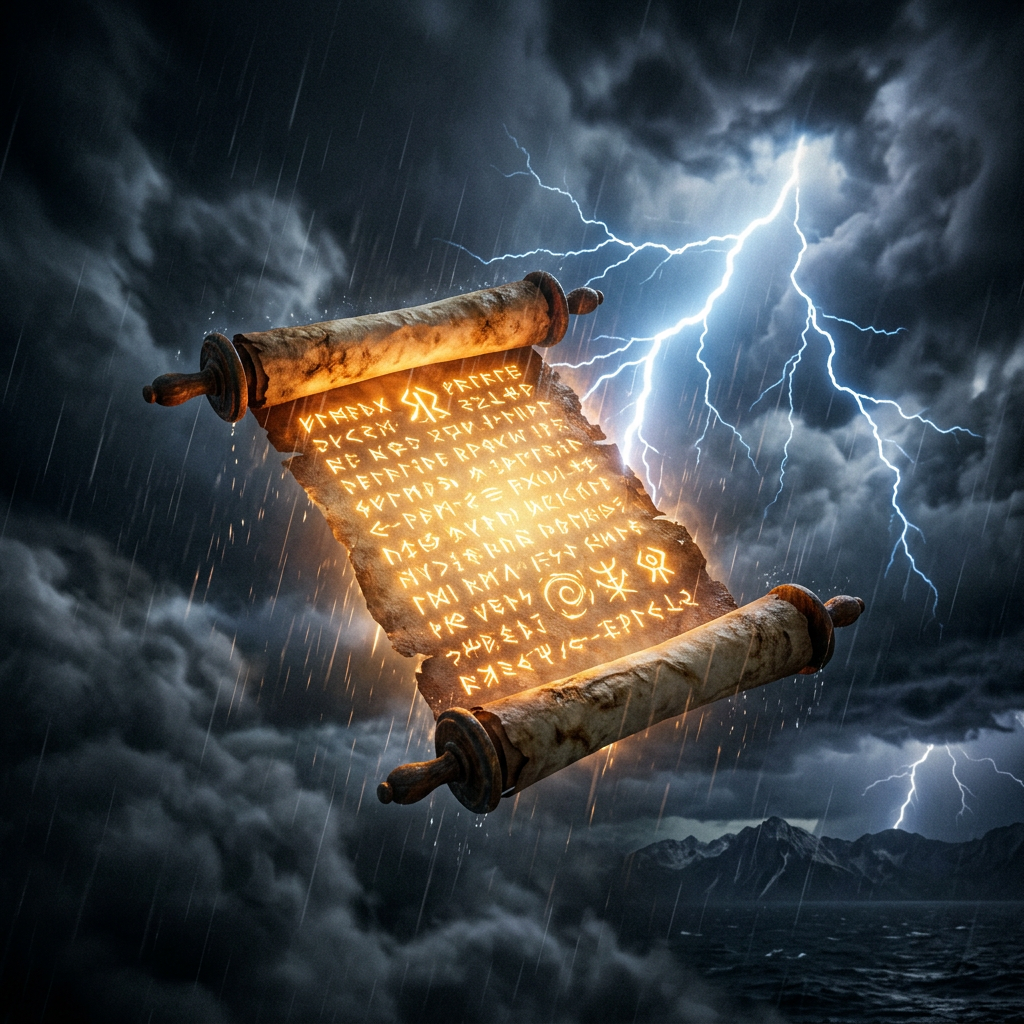 Glowing ancient scroll with mystical symbols illuminated in stormy sky with lightning