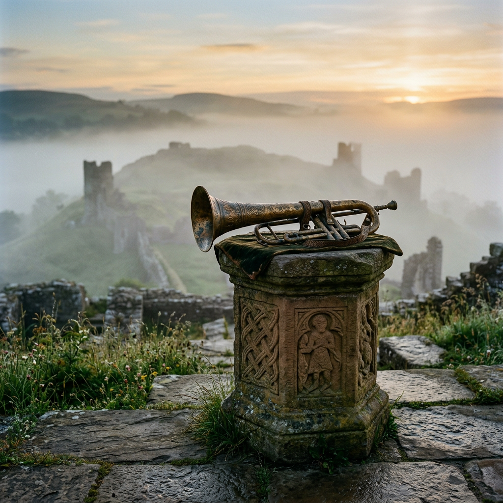 Rusty antique trumpet on carved stone pedestal with misty castle ruins in background
