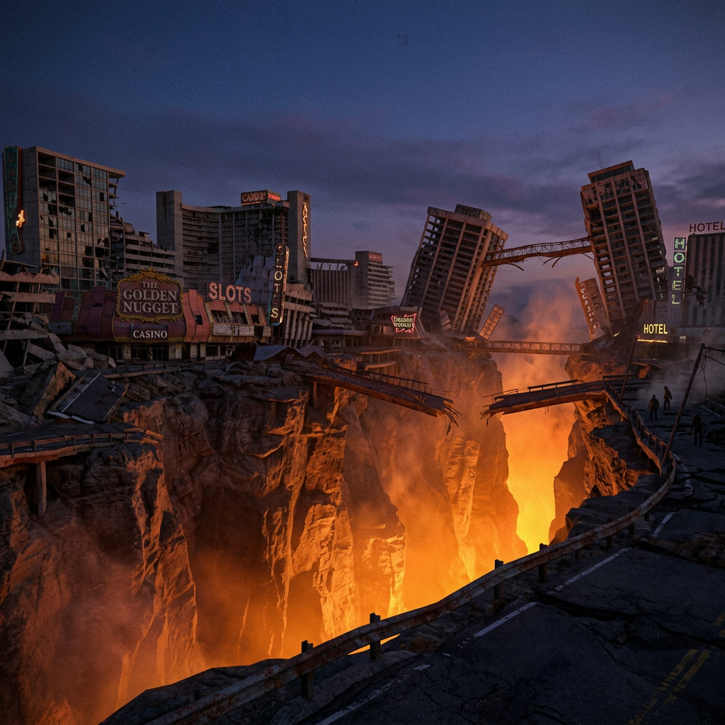 Ruined casinos and hotels collapsing into a glowing orange canyon