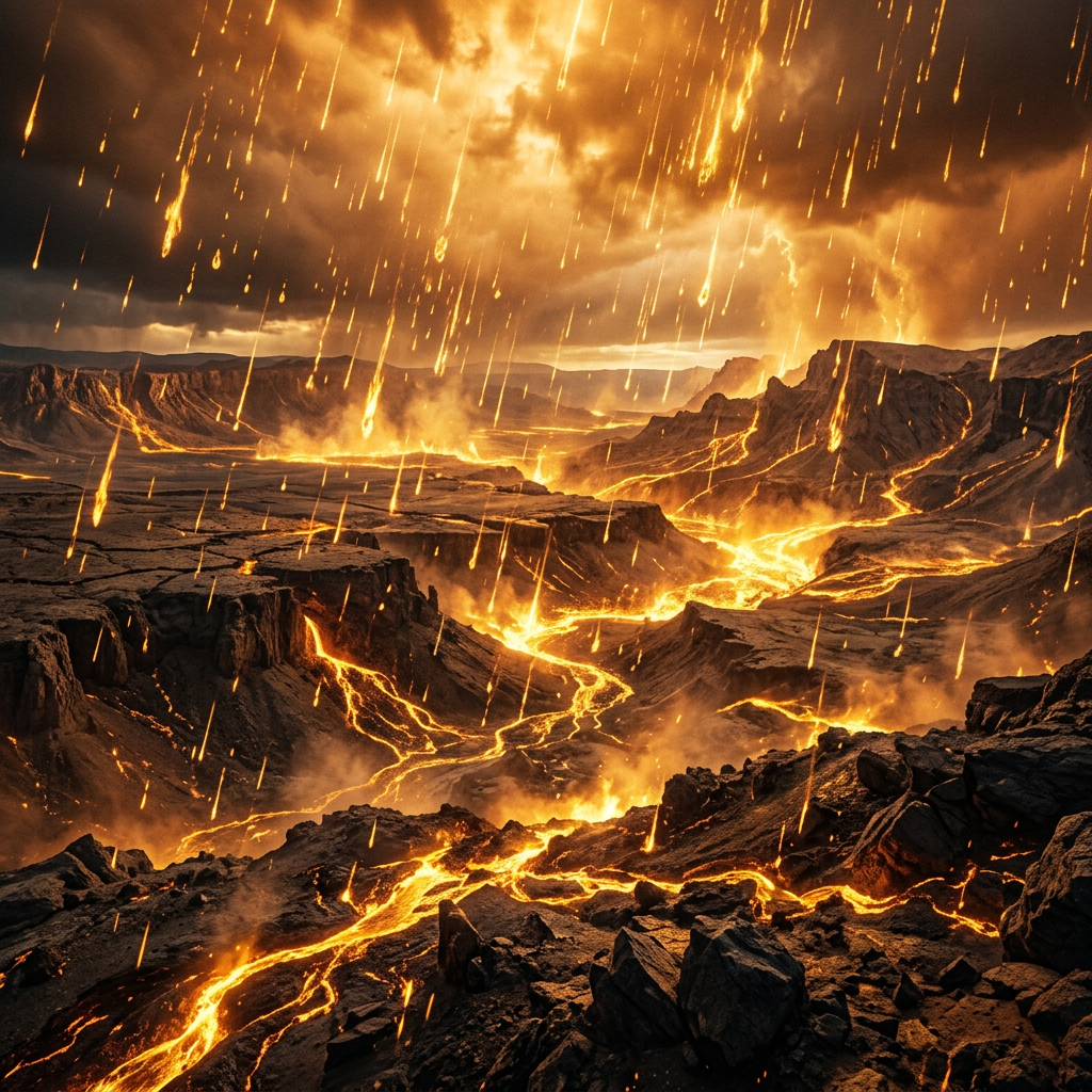 Lava flowing through rocky volcanic terrain with fiery molten debris falling from the sky