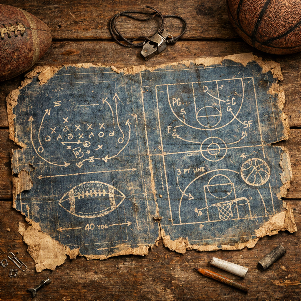 Worn paper with drawn football and basketball play strategies on a wooden surface