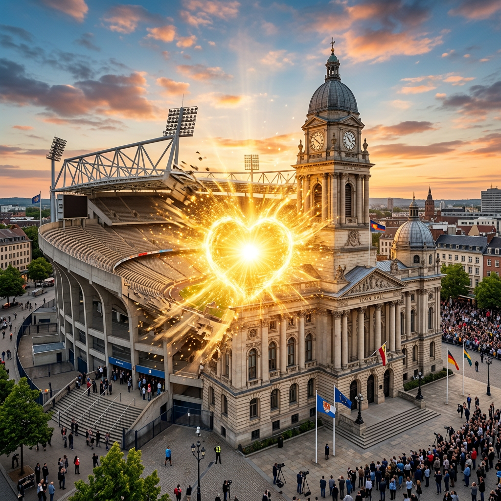 Historic town hall and modern stadium fused with glowing heart explosion