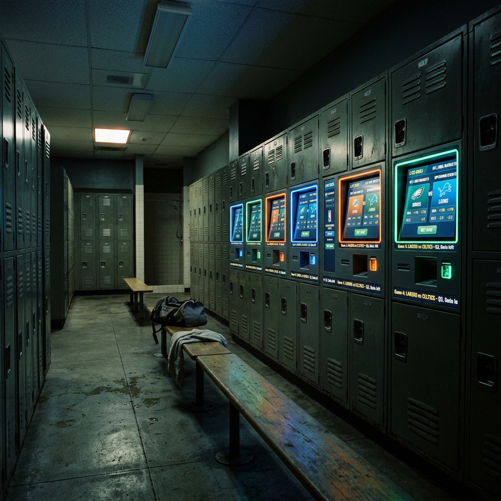 Locker room with benches and lockers featuring digital screens displaying sports information