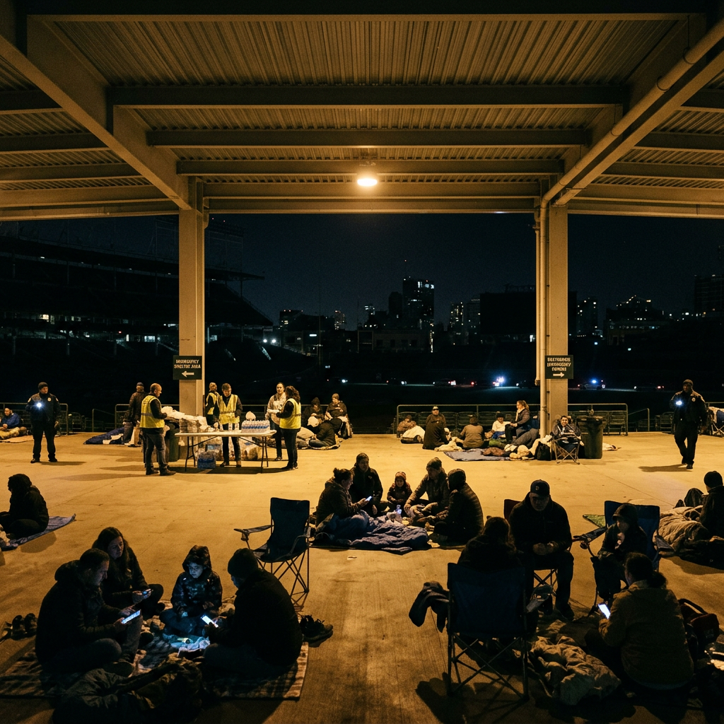 Groups of people sitting on blankets and chairs under a large roofed shelter at night with volunteers distributing supplies