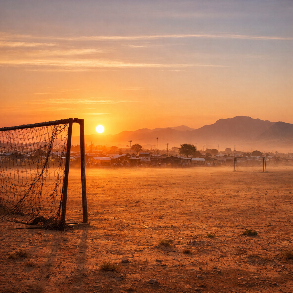 Rustic soccer goals on dry dirt field with orange sunset and mountains in background