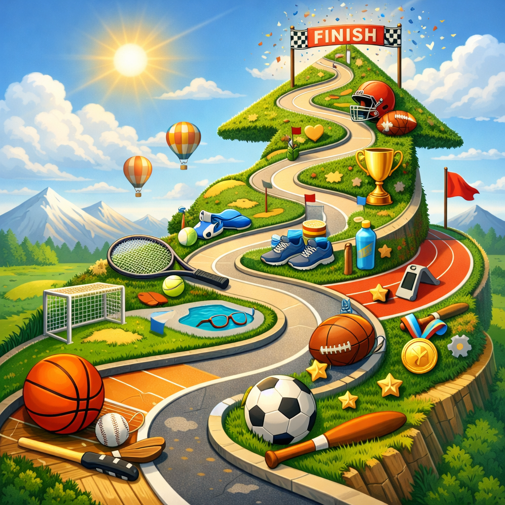 Winding road with sports equipment like basketball, soccer ball, tennis racket, running shoes, and trophies leading to a finish line.
