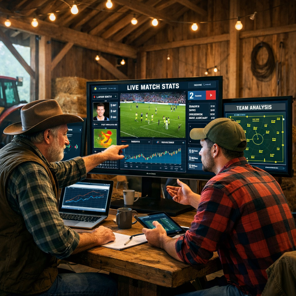 Two men reviewing live football match statistics and team analysis on several screens inside a wooden barn.