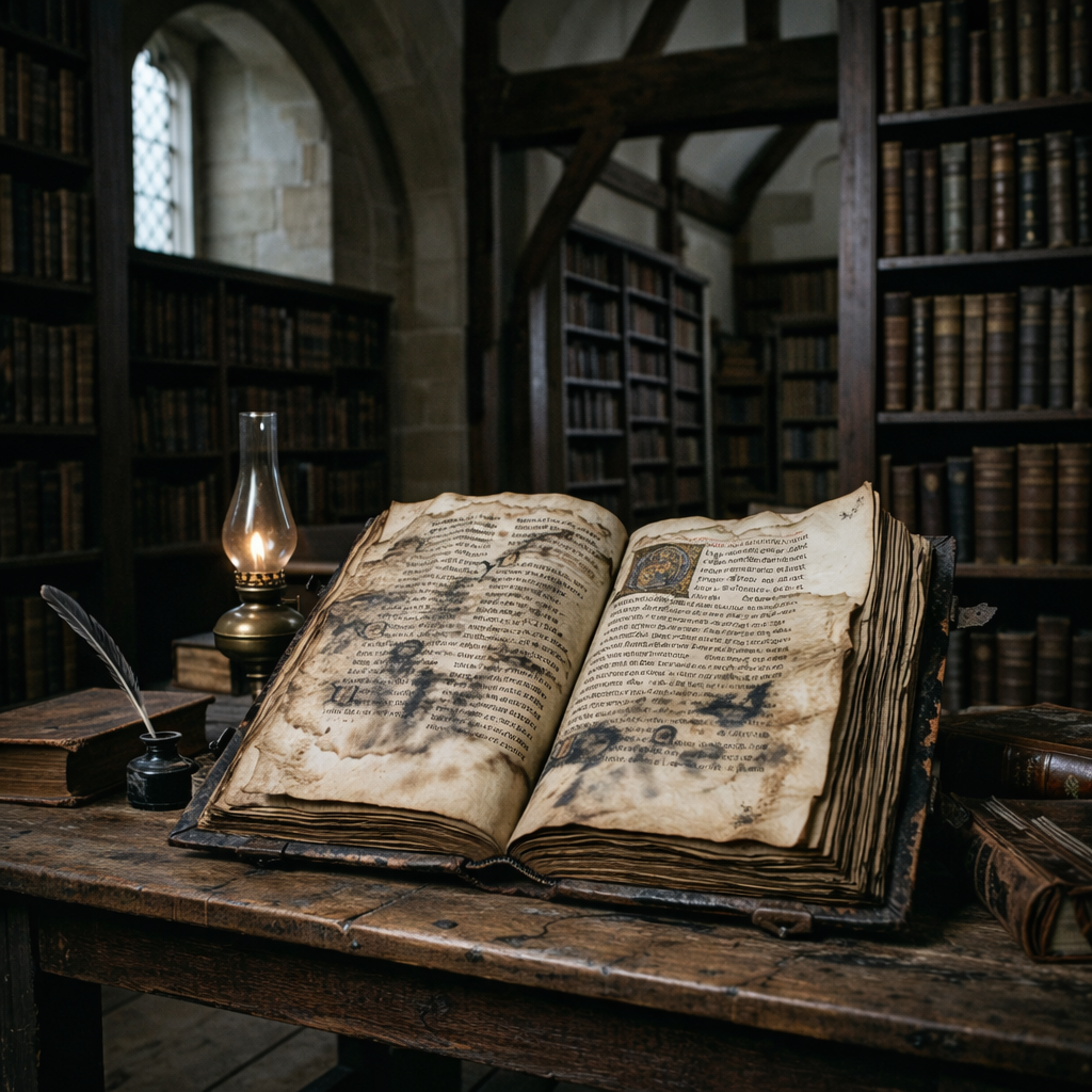 Open ancient manuscript with Latin text and decorative initial on wooden table in old library with lit oil lamp and quill