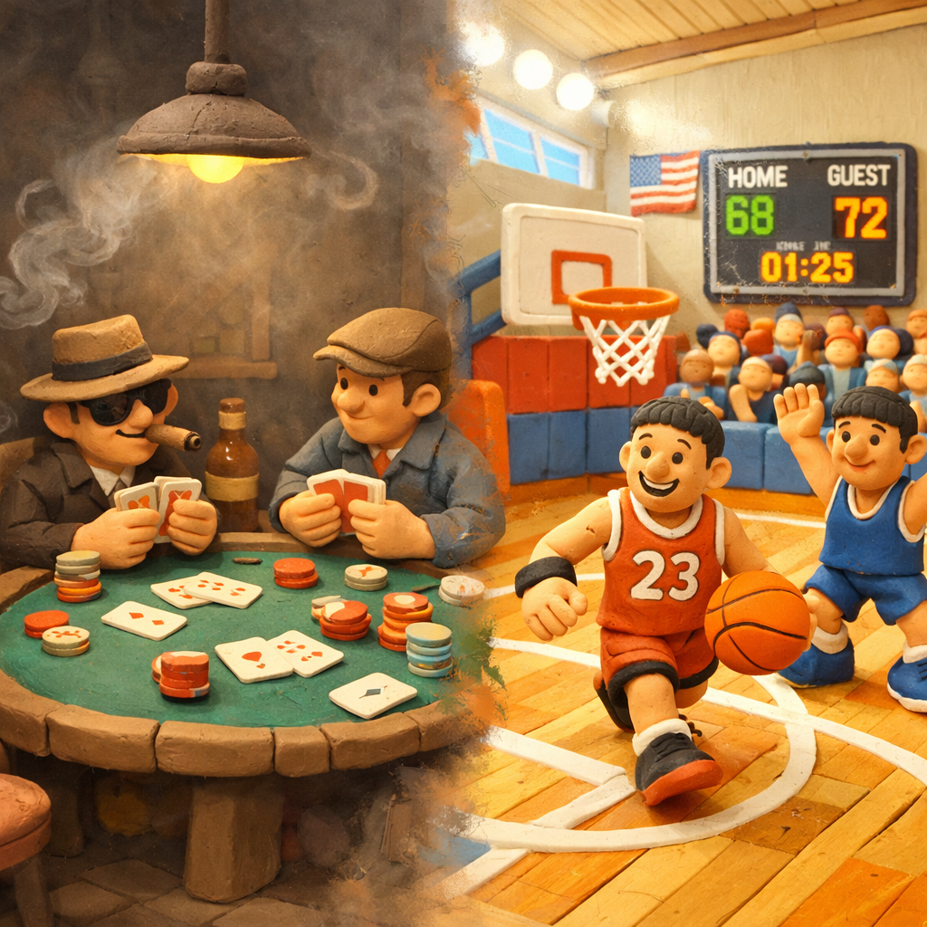 Clay figures playing poker at a table and two clay basketball players on a court with scoreboard