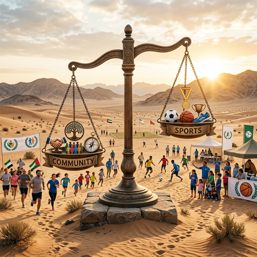 A large scale balancing community symbols and sports items against a desert backdrop with people participating in sports and community activities
