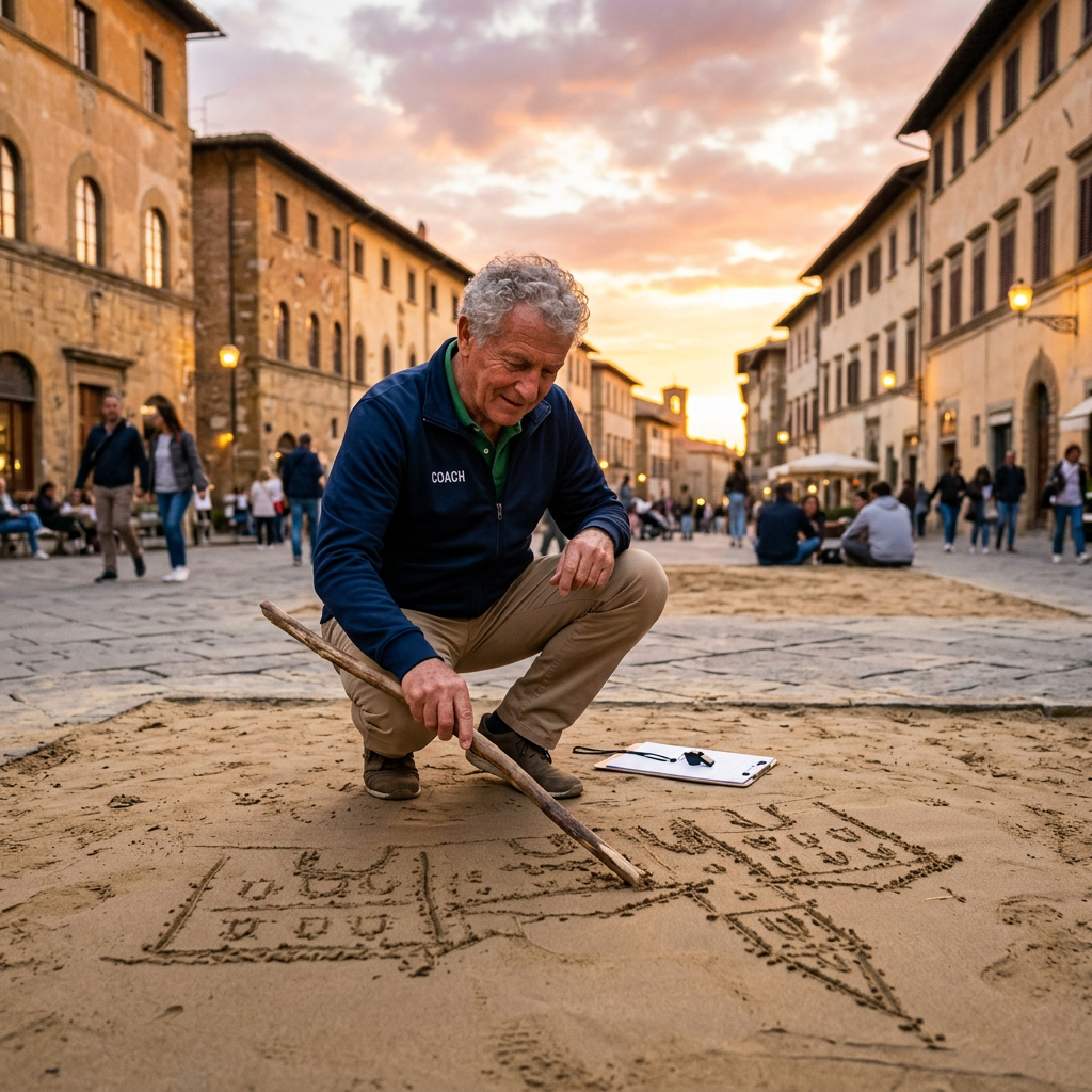 Man in coach jacket drawing city layout in sand with stick in historic town square