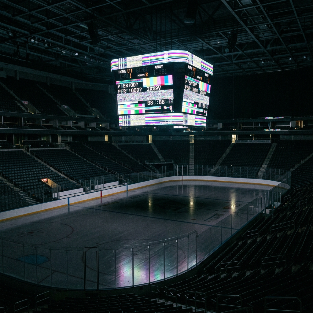 Ice hockey rink inside a dark arena with a large scoreboard displaying static and corrupted digital images.