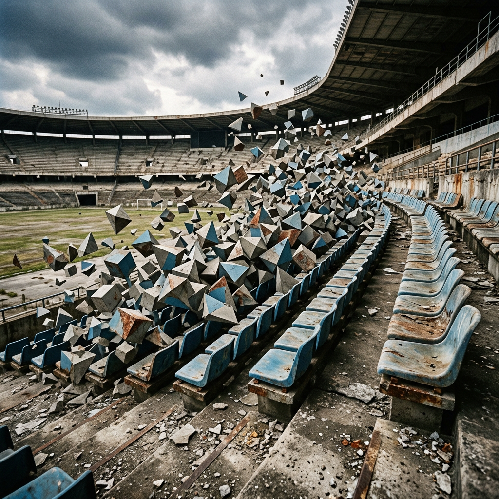 Rows of rusty blue stadium seats dissolving into floating geometric fragments inside an abandoned stadium