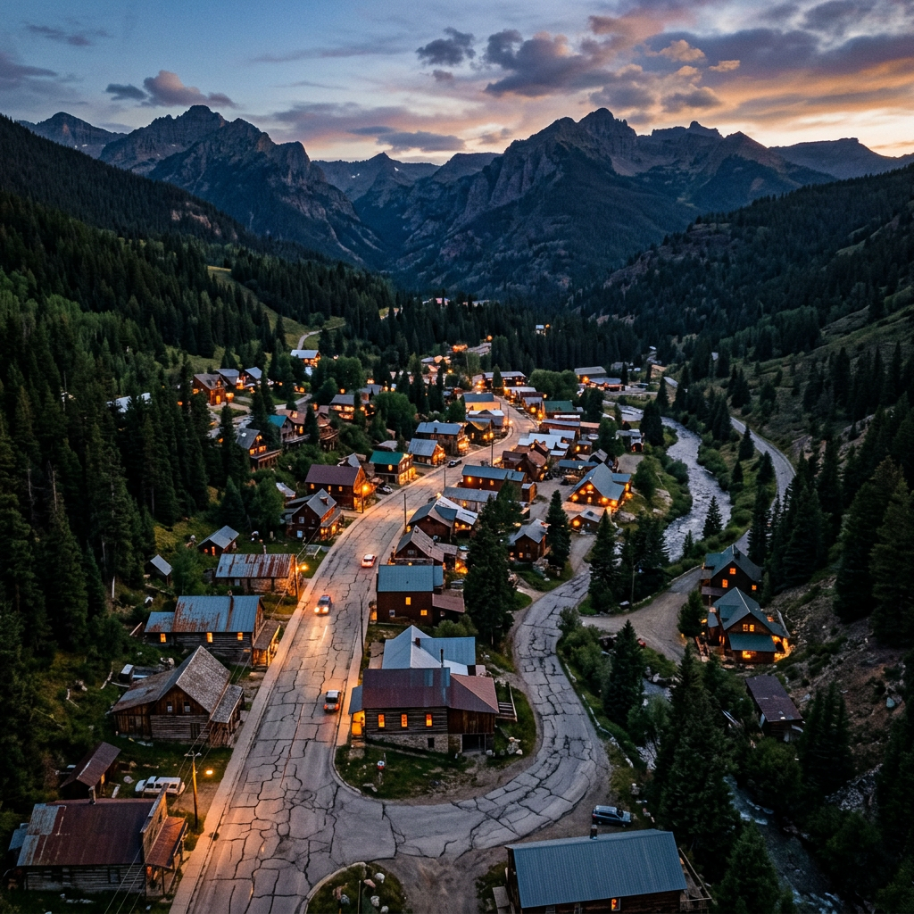 Mountain village with illuminated houses and winding roads at dusk