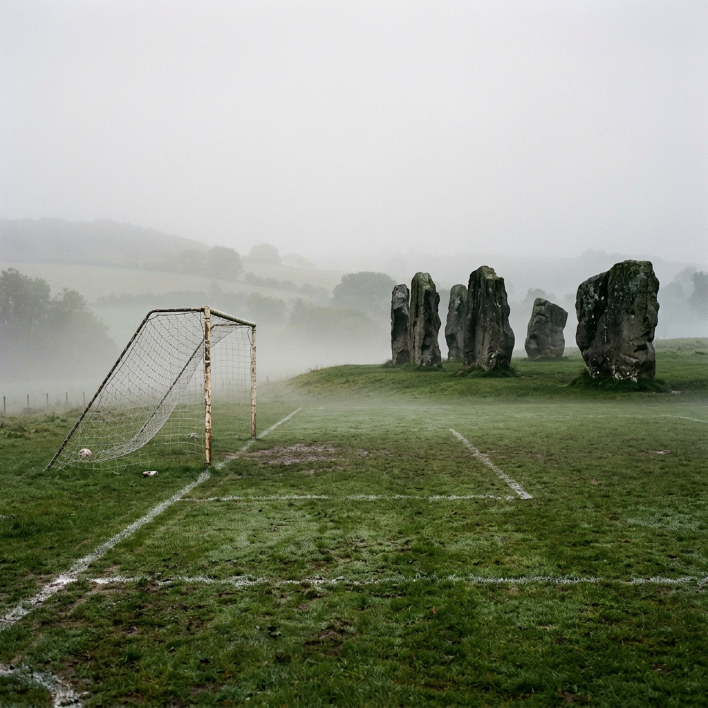Rusty soccer goal with net and ancient standing stones in foggy field