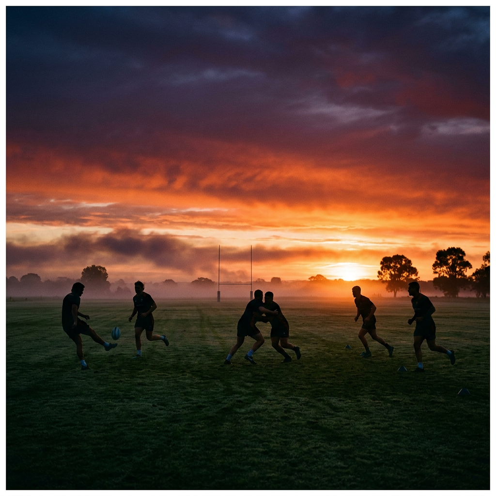 Rugby players training on a grassy field at sunrise with goalposts and trees in the background