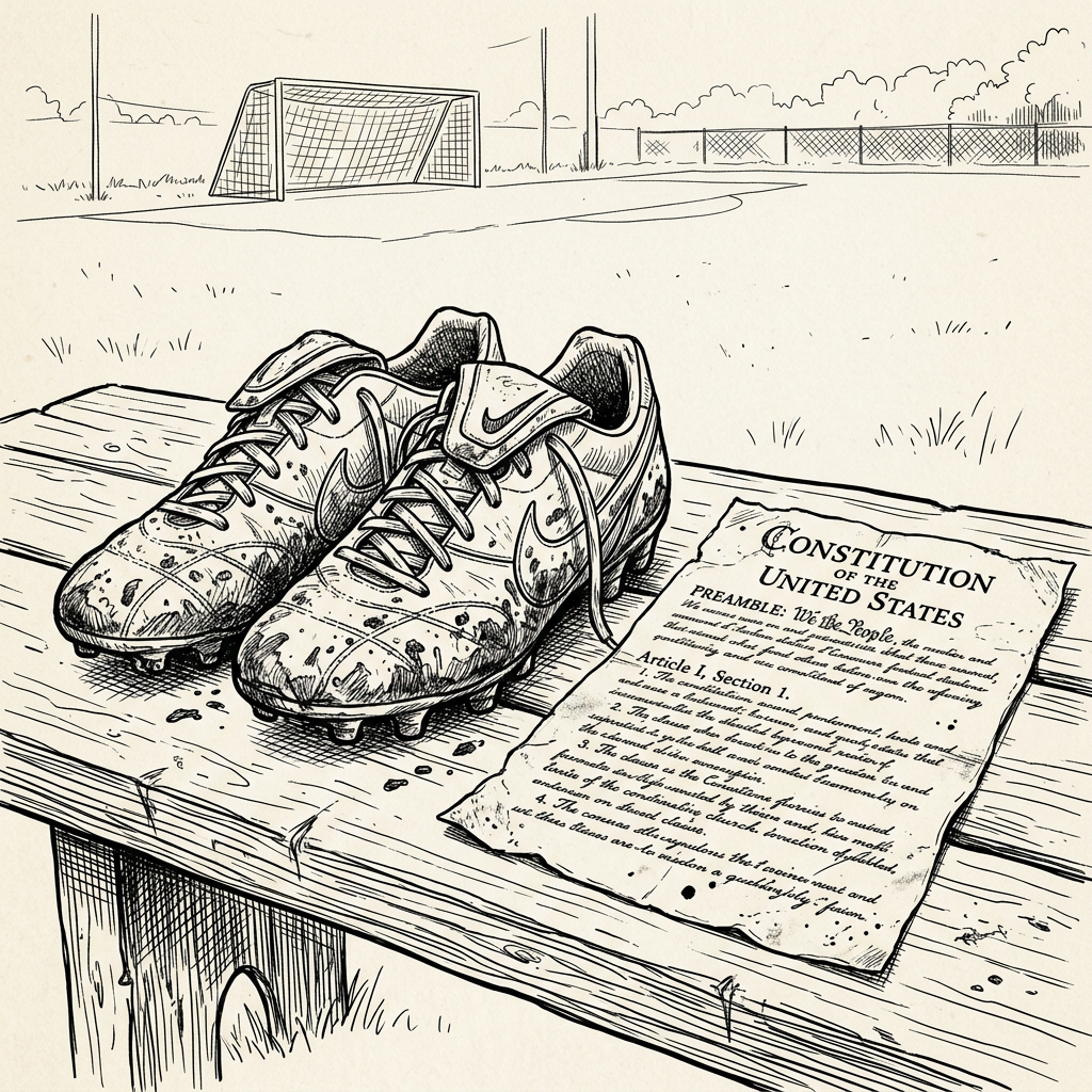 Worn soccer cleats and U.S. Constitution document on wooden bench by soccer field