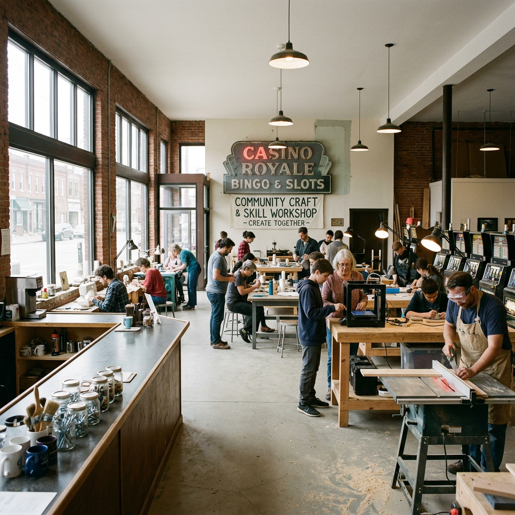 Community members working on craft and woodworking projects in a bright workshop space