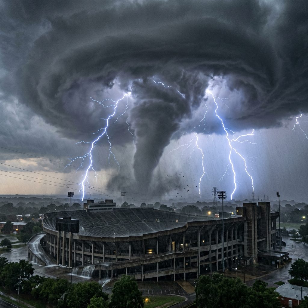 Tornado with lightning bolts striking near a large empty stadium