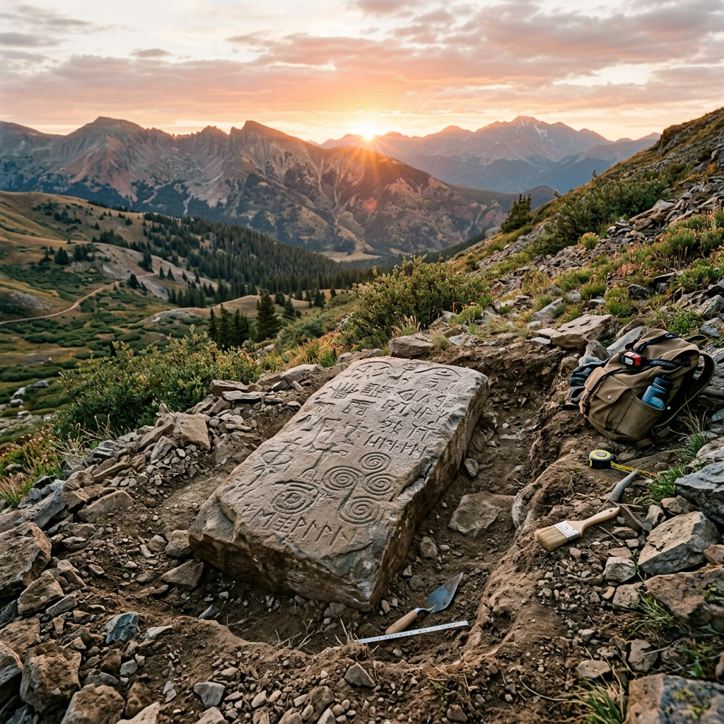 Large carved stone slab with ancient symbols partially excavated on a mountainside