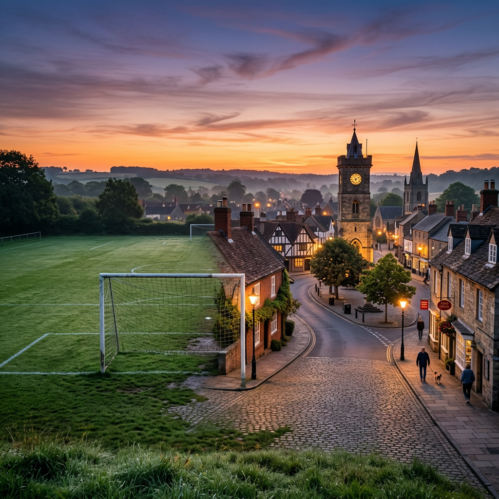 Clock tower and cobblestone street in an English village at sunset next to a soccer field