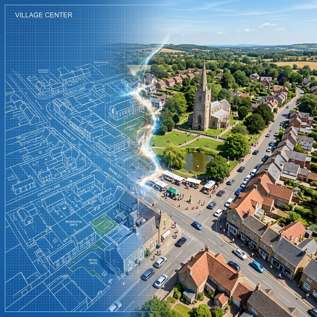 Aerial view of village center transitioning into architectural blueprint showing streets and buildings