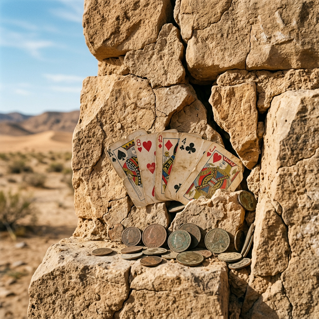 Worn playing cards fanned out on stone with scattered old coins in desert.