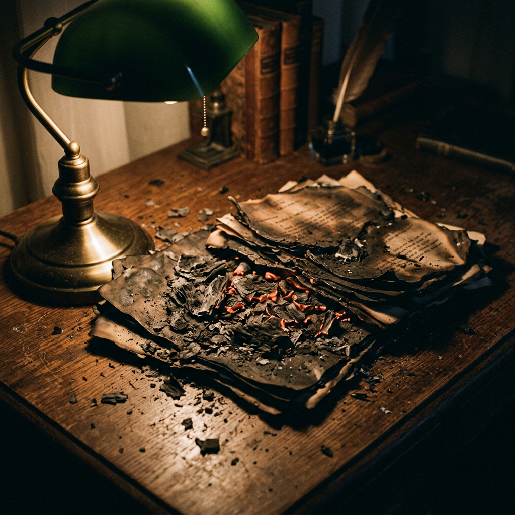 Stack of burnt and charred old manuscript pages on wooden desk under green desk lamp