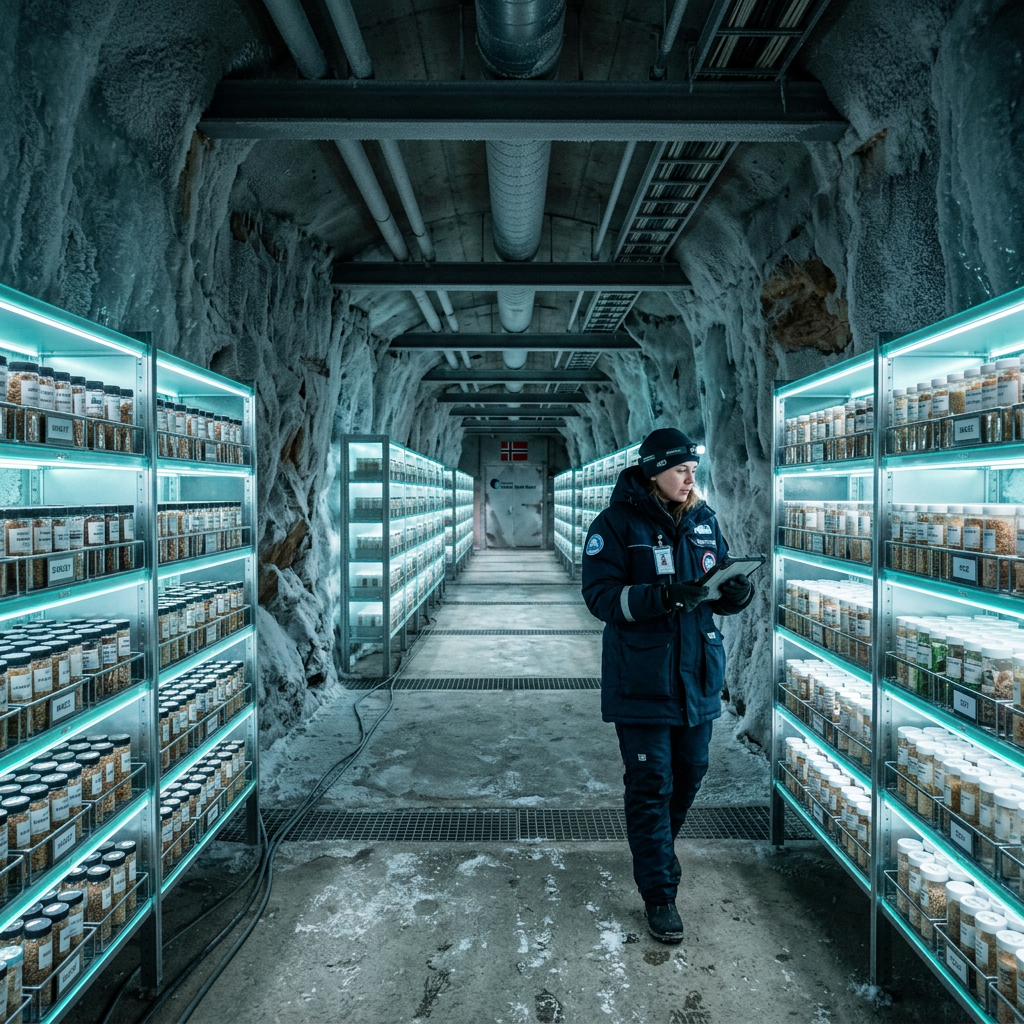 Person in winter clothing inspecting seed samples on shelves in cold vault interior