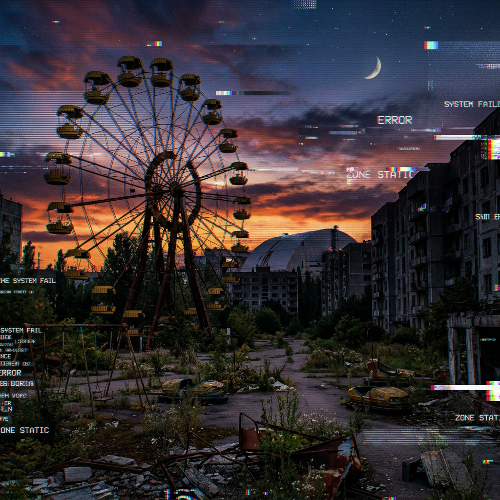 Empty ferris wheel and abandoned amusement park with overgrown vegetation and ruined buildings at sunset