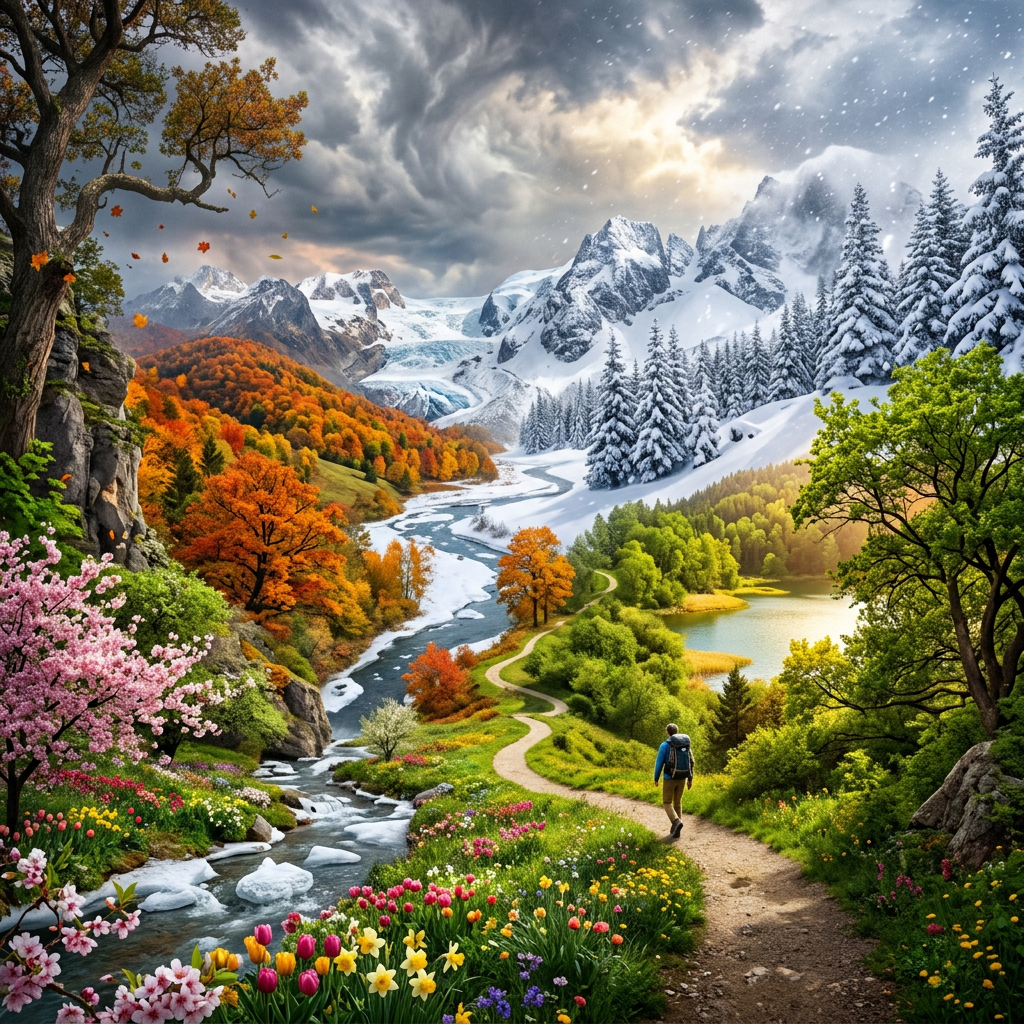 A winding path through a landscape blending spring flowers, autumn trees, snowy mountains, and lush greenery