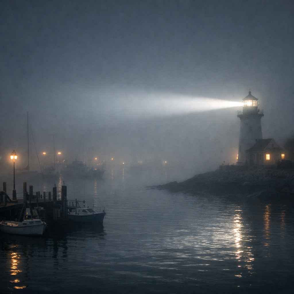 Lighthouse shining beam over foggy harbor with docked boats at dusk