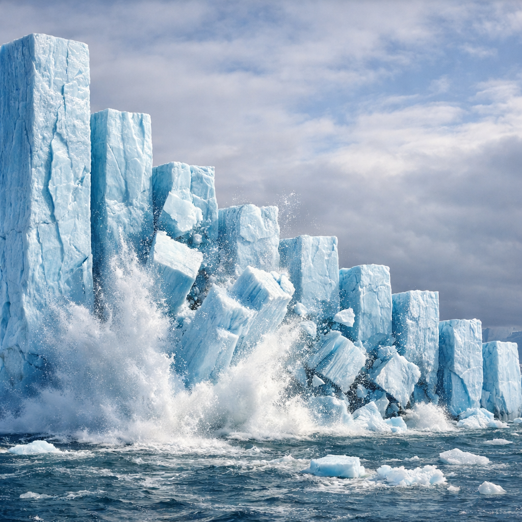 Large blue glacier blocks breaking off into ocean water with splashing waves