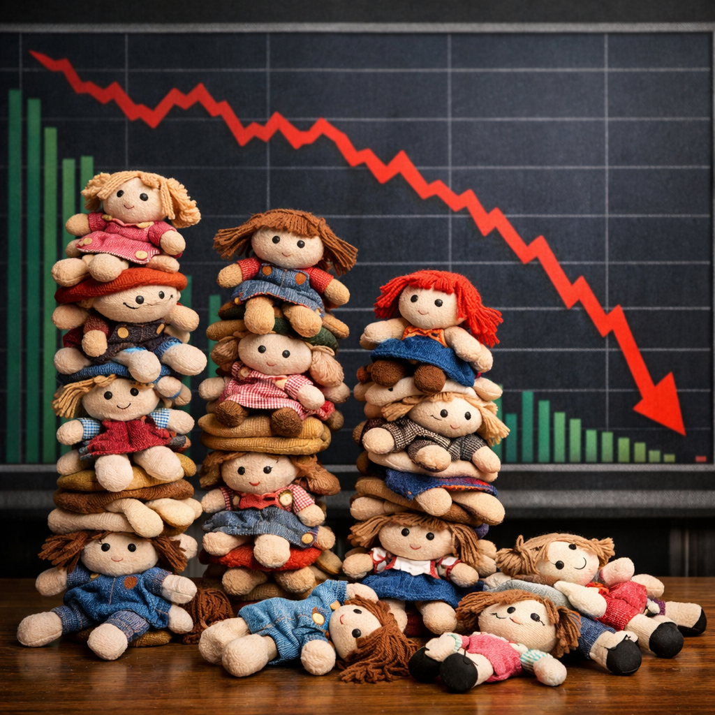 Stacks of small dolls with a downward trending stock market graph behind them
