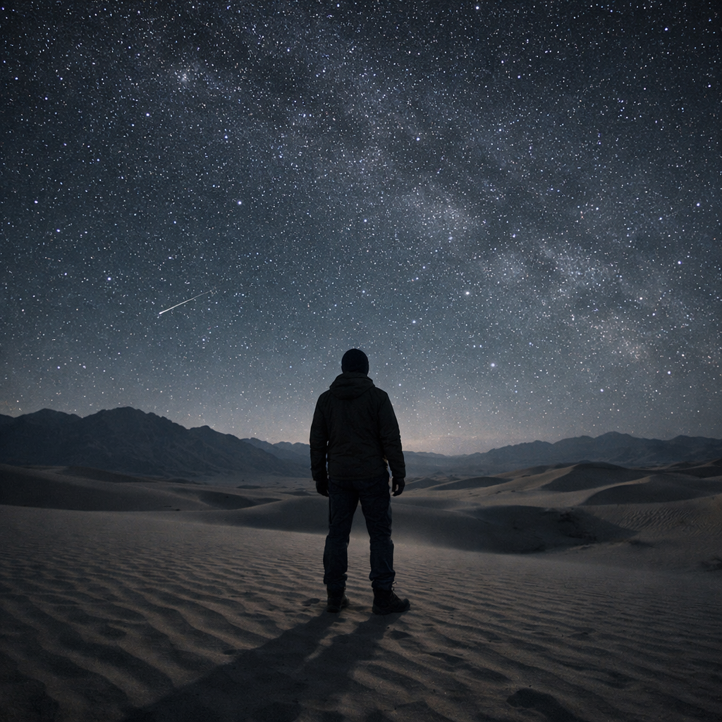 Person standing on sand dunes under a starry night sky with a visible milky way and shooting star