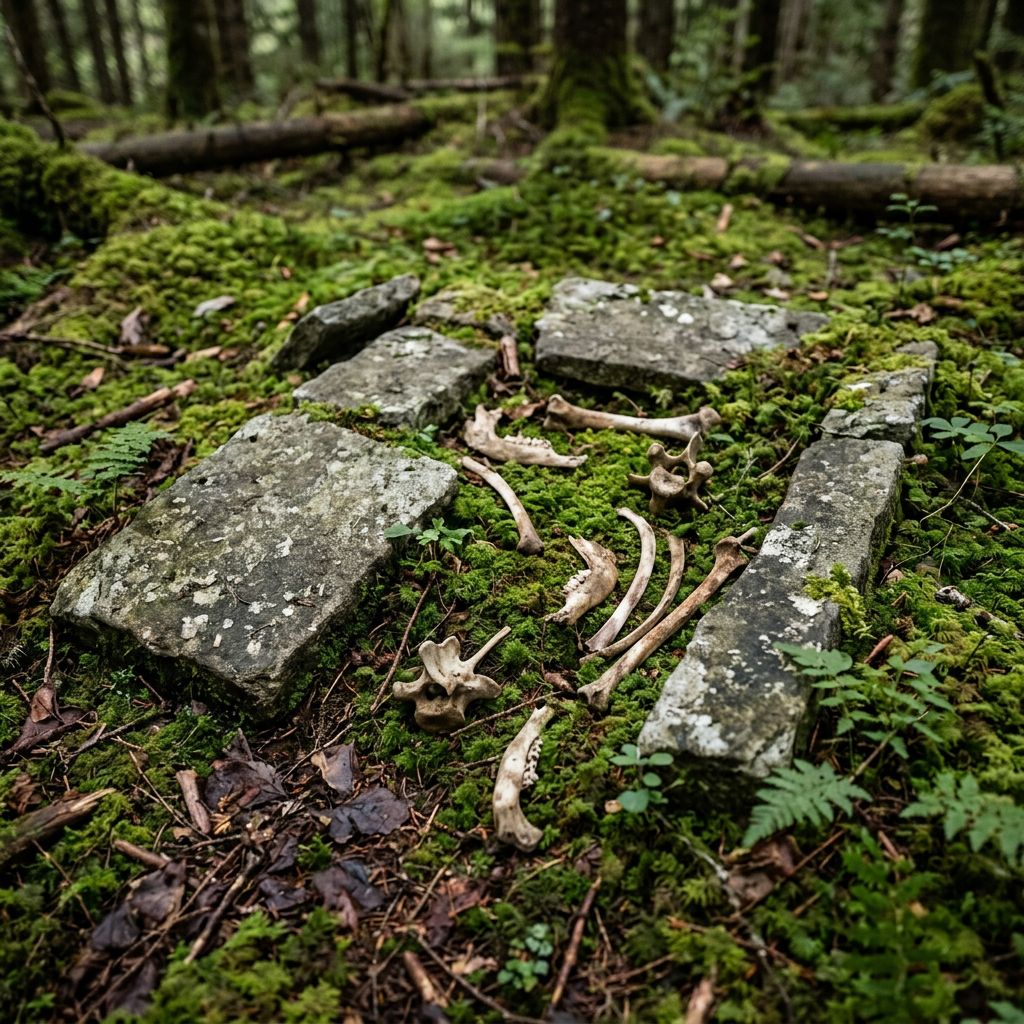 Animal bones and weathered stones scattered on green mossy forest floor