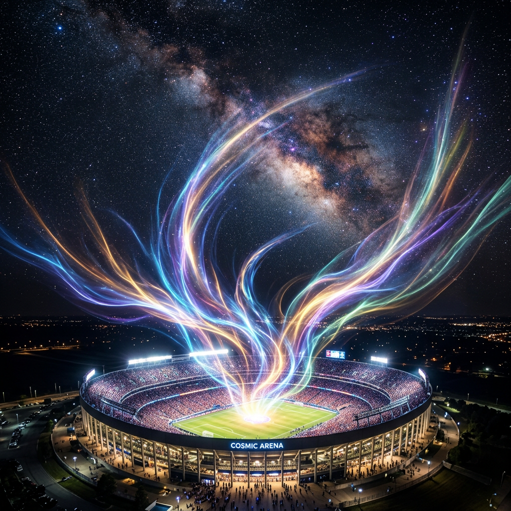 Stadium with vibrant multicolored cosmic streams rising into the night sky filled with stars and the Milky Way