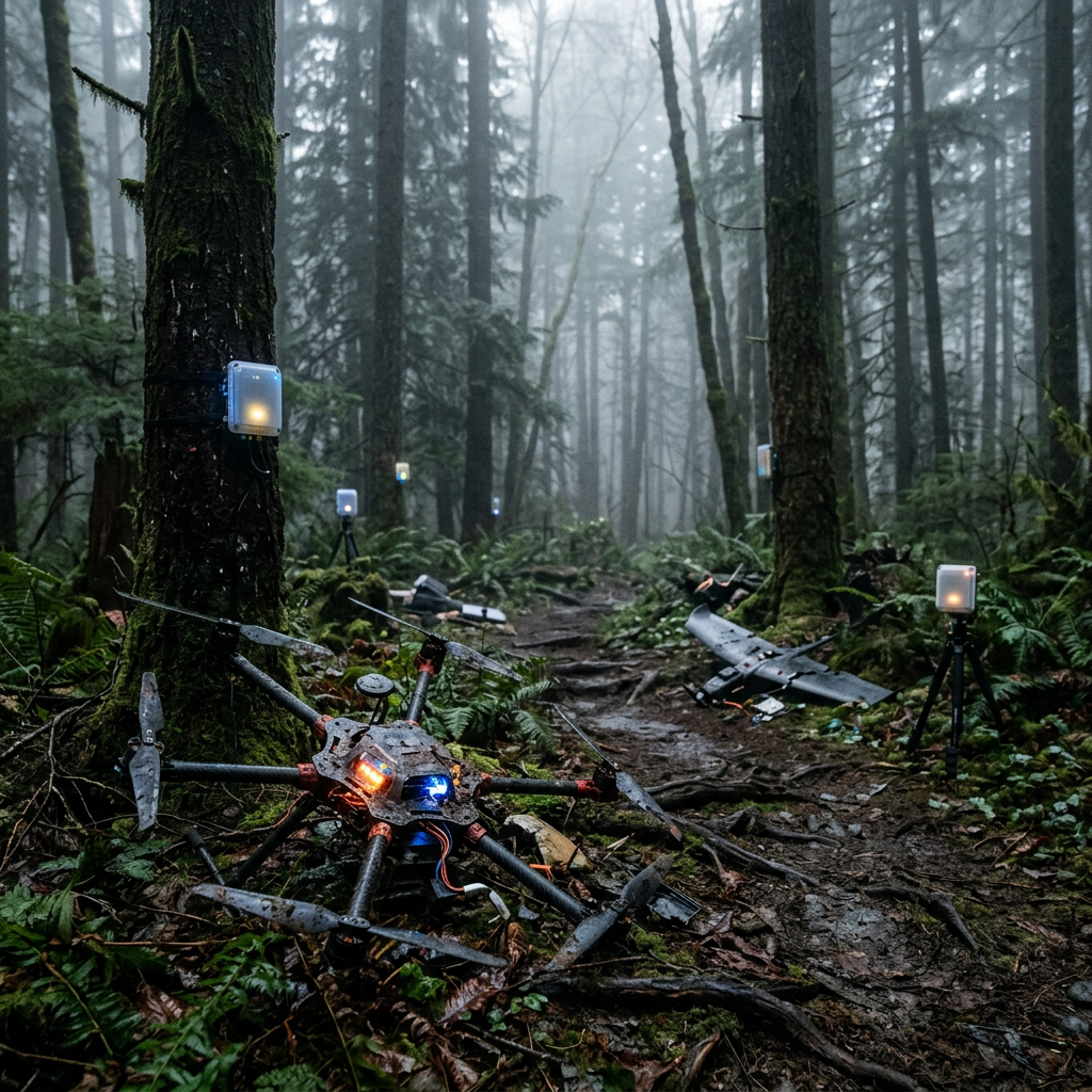 Multiple drones and sensor devices positioned on the ground and trees in a foggy forest