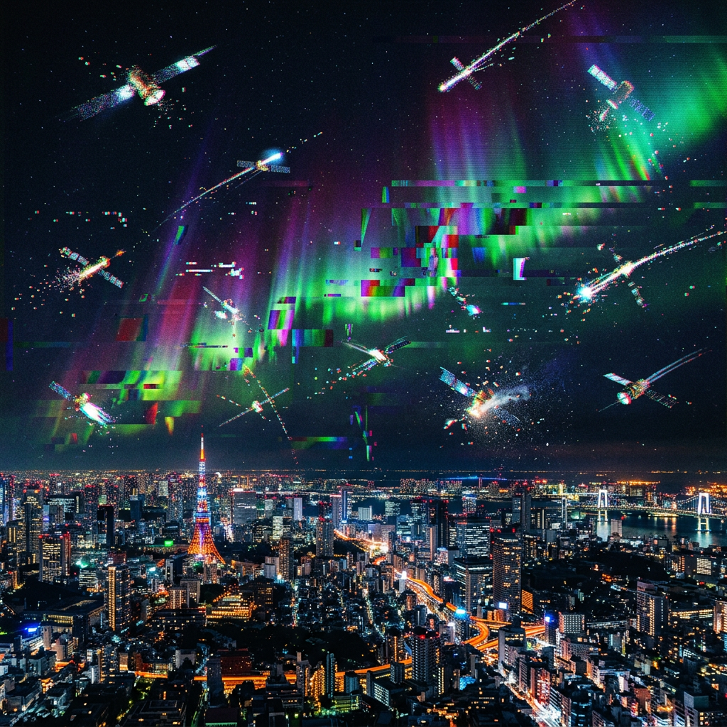 Glitch-effect satellites above Tokyo city at night with aurora lights