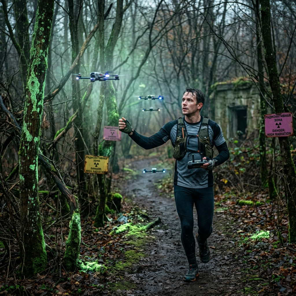 Man controlling drones in a forest with high radiation danger signs