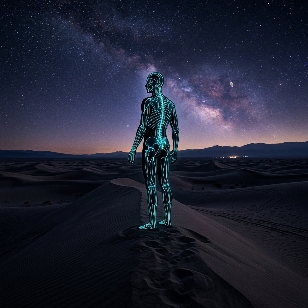 Human figure with glowing skeletal system outlined standing on sand dunes at night under Milky Way galaxy
