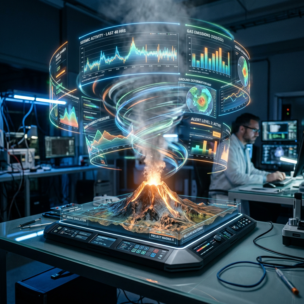 Holographic volcano eruption simulation with dynamic data charts in a research lab