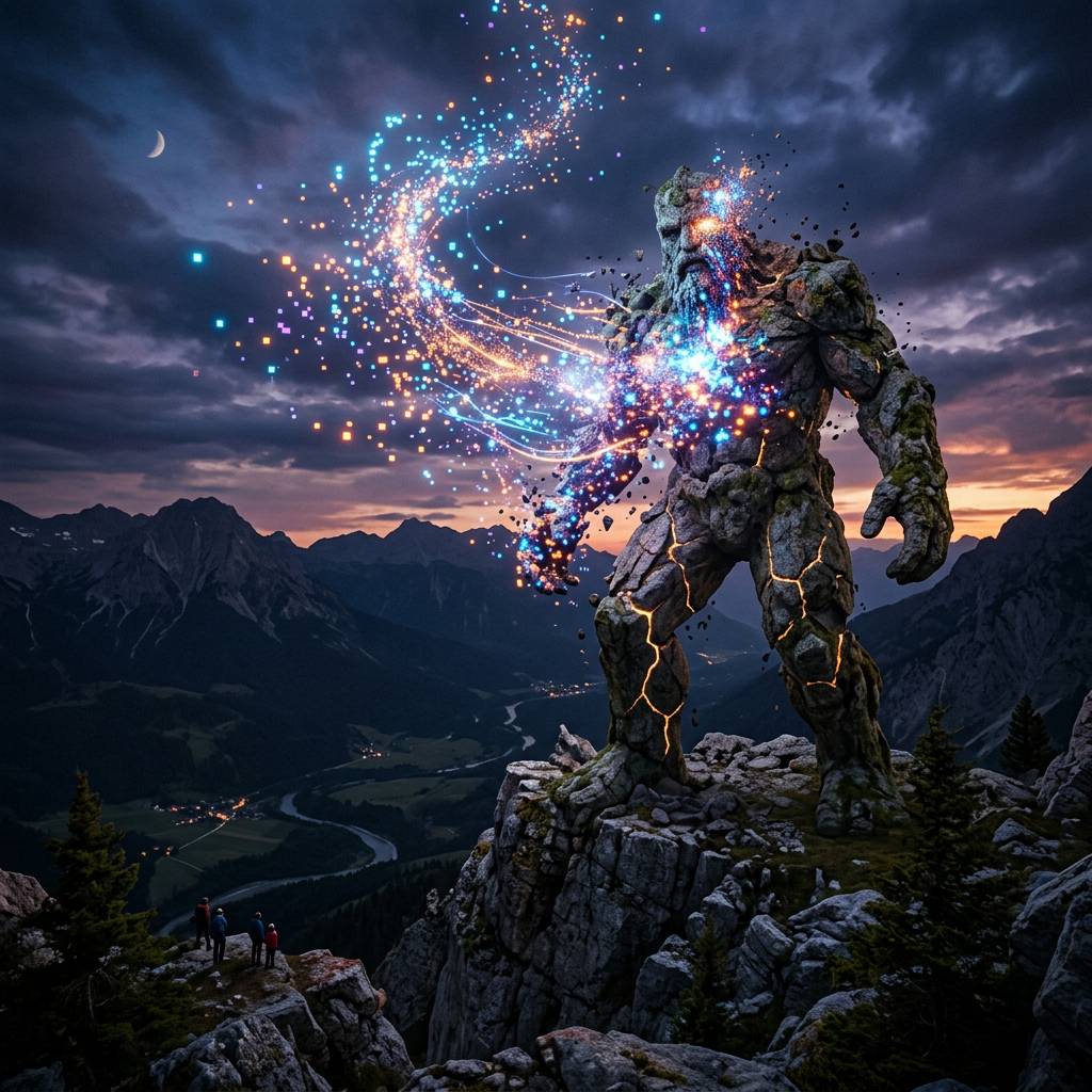 Large glowing stone giant emitting vibrant magical energy on a mountain peak at sunset with hikers watching.