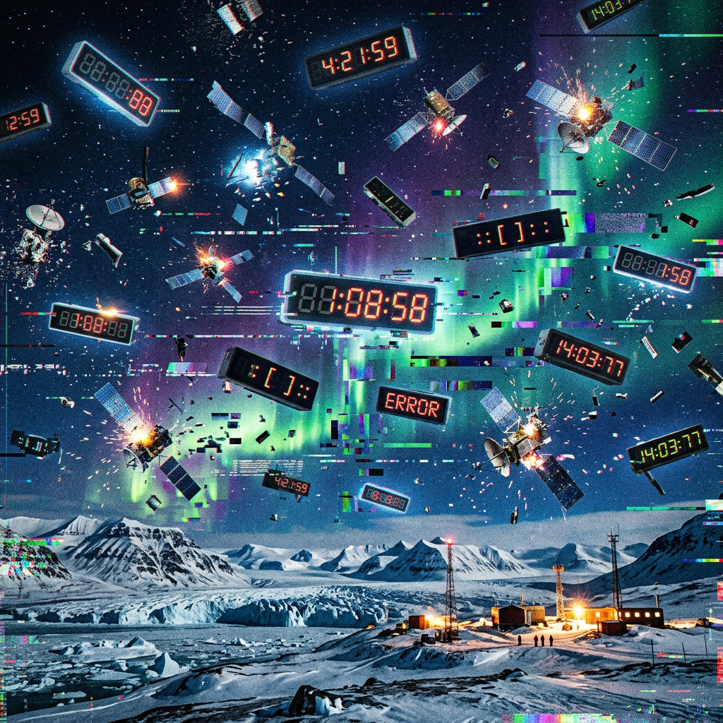 Satellites exploding and digital clocks showing errors over snowy arctic research base
