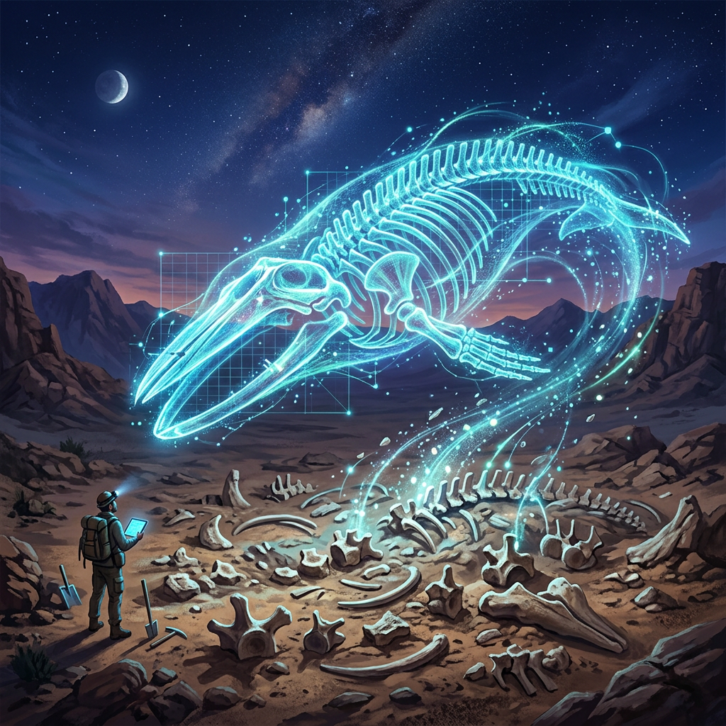 Scientist examining holographic dinosaur skeleton emerging from fossil bones under stars