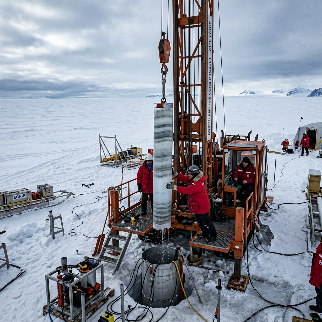 Scientists handling cylindrical ice core sample suspended by drilling rig in snowy landscape