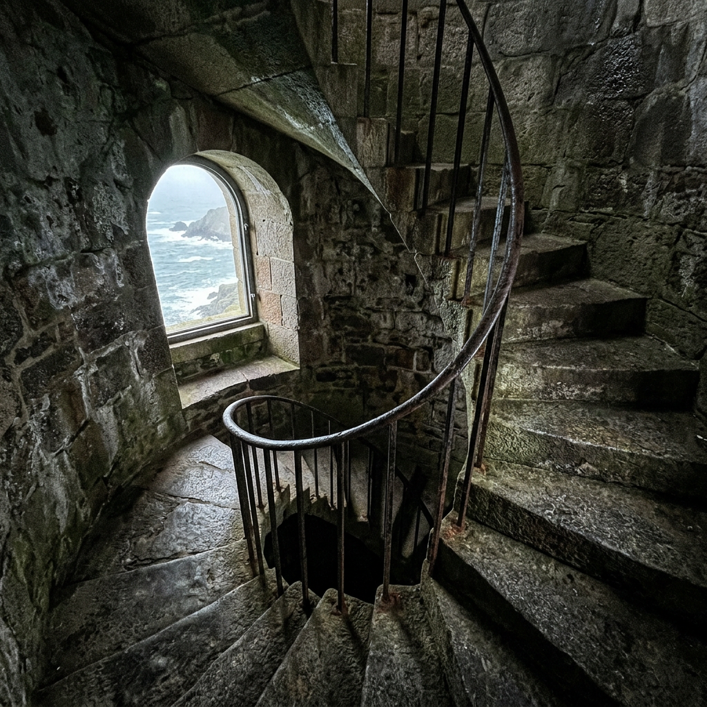 Stone spiral staircase inside historic tower with metal railing and ocean visible through arched window