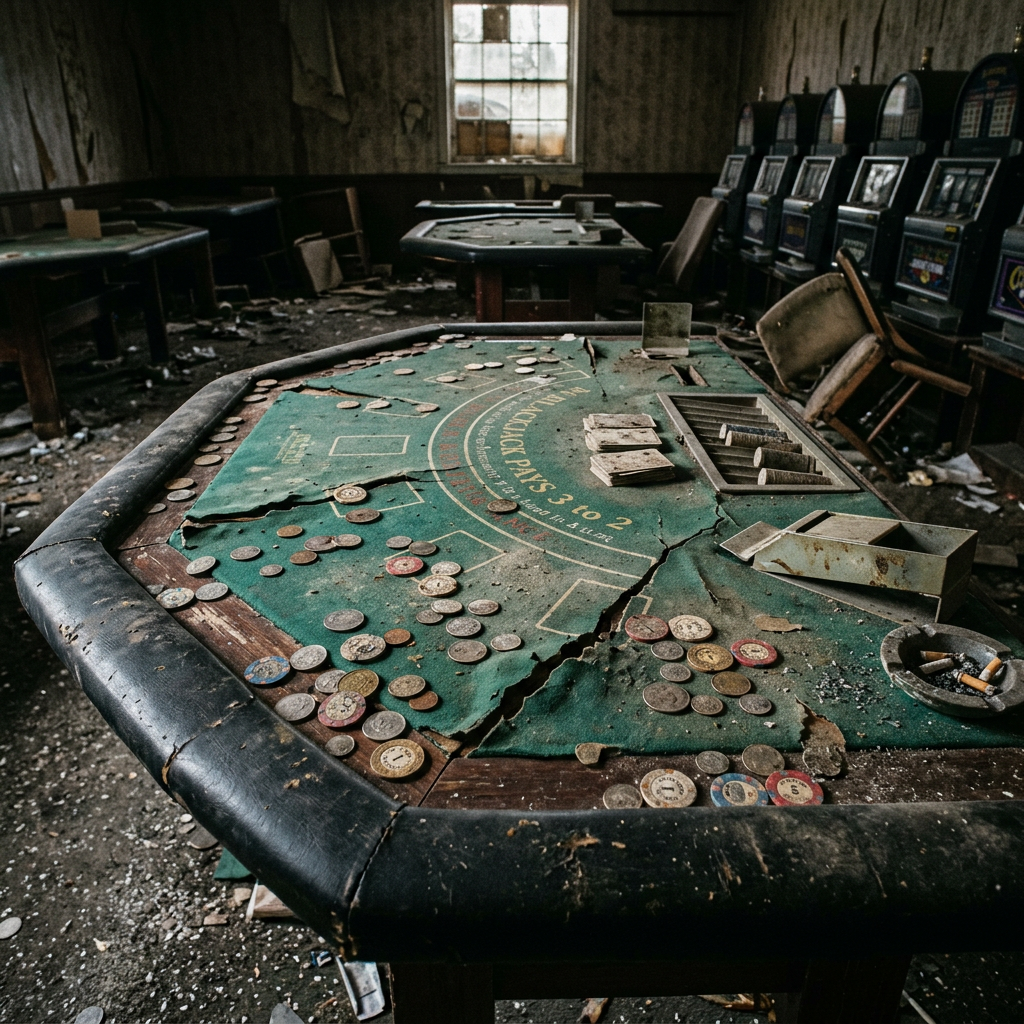 Damaged poker table with scattered chips and dirty chairs in abandoned casino
