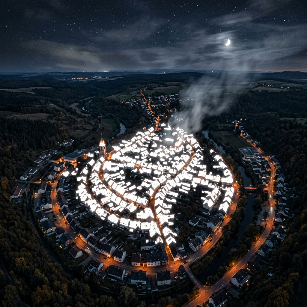 Aerial view of a circular village with illuminated rooftops at night under a crescent moon and stars.